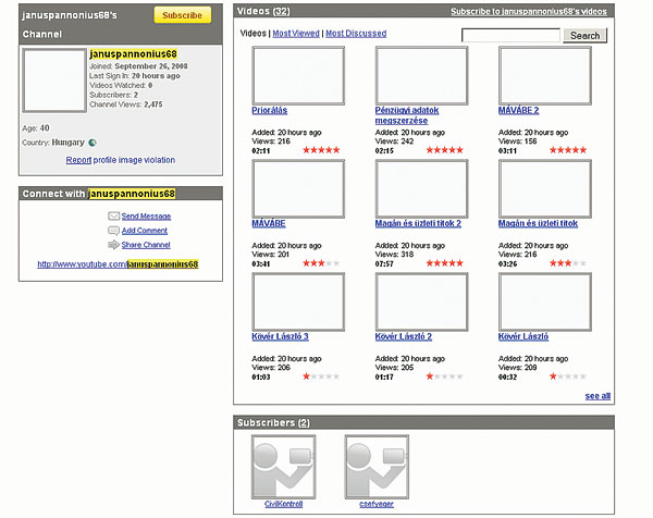 Januspannonius68 kiürített oldala a YouTube-on szombat délután. Már ennyi nyoma sincs