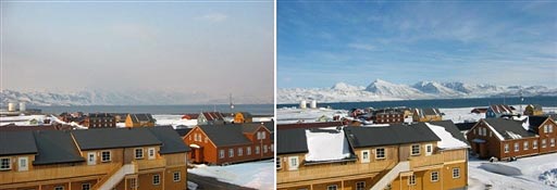 Balra a május 2-i sárga elszennyezõdés, jobbra a kitisztult levegõ május 8-án, Ny-Alesundon, Svalbard nyugati partjainál