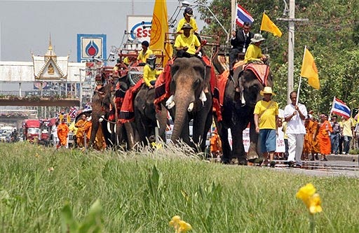 Thaiföldi szerzetesek menete elefántokkal a parlament felé