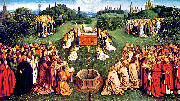 Van Eyck: A bárány imádása (a genti oltárkép részlete; 1432 előtt)