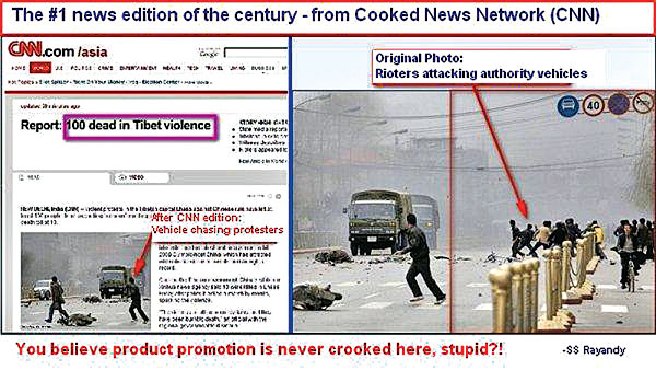 Az anti-cnn.com bloggere szerint a hivatásos médiák gyakran manipulálják a fotókat. A jobb oldali eredeti képből kivágott bal oldali - bár drámaibb - felvétel másként értelmezi a történteket