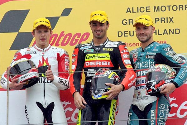 Stefan Bradl, Mike Di Meglio és Talmácsi Gábor a dobogón