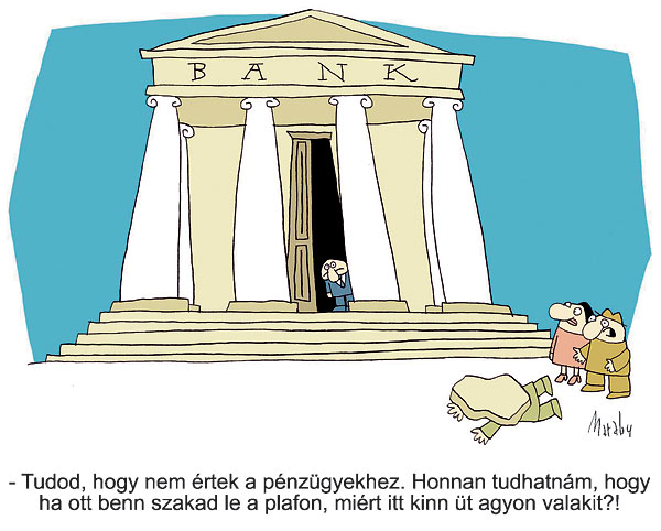 - Tudod, hogy nem értek a pénzügyekhez. Honnan tudhatnám, hogy ha ott benn szakad le a plafon, miért itt kinn üt agyon valakit?!  Marabu