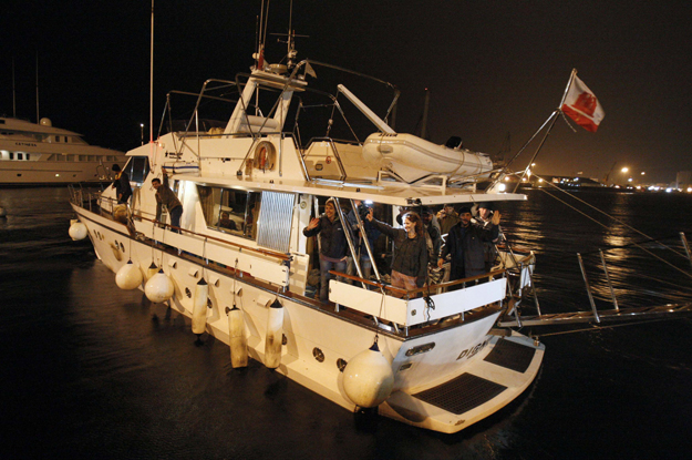 Aid workers and doctors sail from Cyprus to Gaza with some three tonnes of medical supplies for Palestinians in Larnaca December 29, 2008. Aid workers, doctors and a former U.S. Congresswoman sailed for battered Gaza with medical aid from Cyprus on M