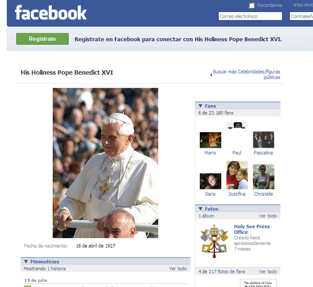 A pápa facebook oldala
