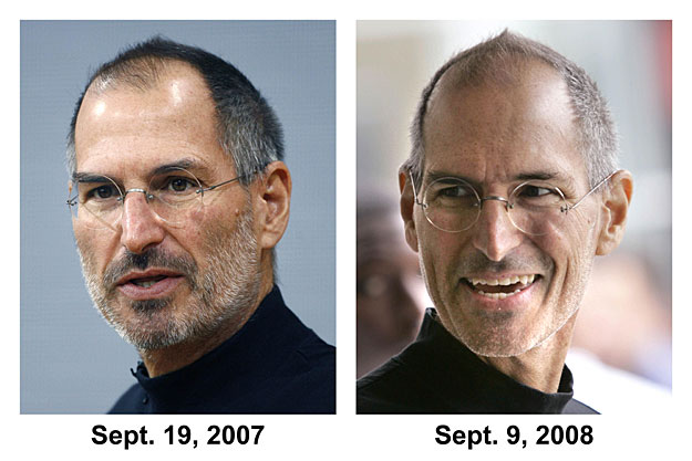 2007. szeptember 17-én Berlinben (b) és 2008. szeptember 9-én San Franciscóban készült kép Steve JOBS-ról, az Apple amerikai számítógépes cég vezérigazgatójáról
