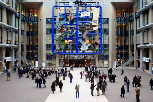 People attend the unveiling of a mosaic displaying images of European Union member countries at the EU Council headquarters in Brussels January 15, 2009. The Czech government apologised to Bulgaria on Thursday for portraying it as a toilet floor in a