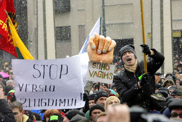 People gather during a protest in front of Lithuania's Parliament in Vilnius January 16, 2009. 