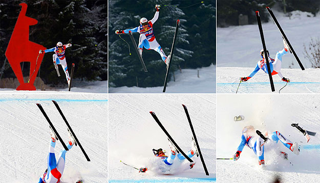 A combination of six pictures shows Switzerland's Daniel Albrecht crashing on the Streif slope during the last practice for the Alpine Skiing World Cup downhill race in Kitzbuehel January 22, 2009. 