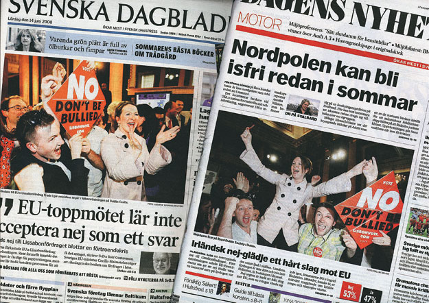 Két nagy svéd napilap a tavalyi, sikertelen, írországi uniós szavazás képeivel