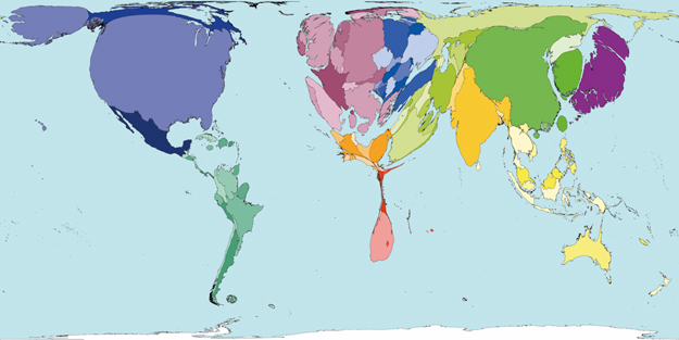 A világ széndioxid kibocsátása. A térkép aszerint torzítja az egyes országok méretét, hogy mennyivel tér el az adott országban az egy főre eső kibocsátás a világátlagtól
