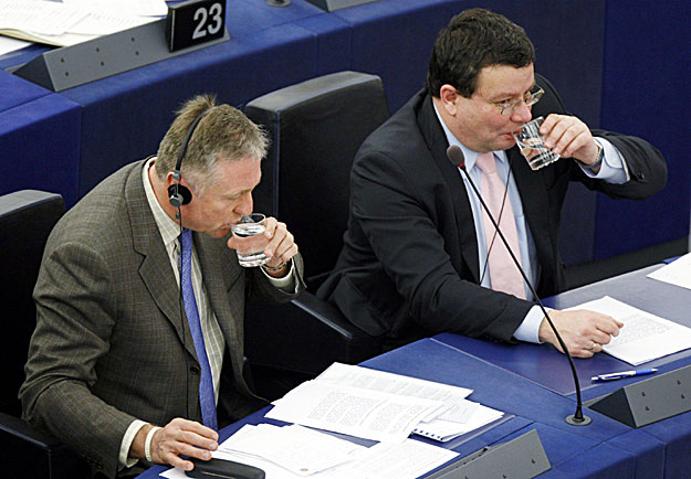 Mirek Topolanek és Alexandr Vondra az európai ügyekért felelős cseh kormányfő‑helyettes Strasbourgban március 25-én.  