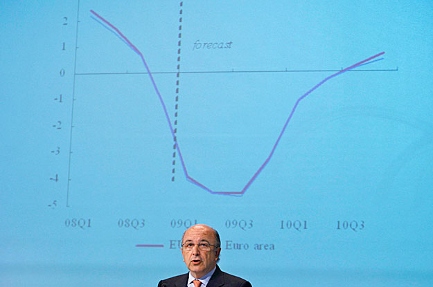 European Economic and Monetary Affairs Commissioner Joaquin Almunia presents the spring economic forecast during a news conference at the EU Commission headquarters in Brussels May 4, 2009. Europe's economy will not start recovering until the second 