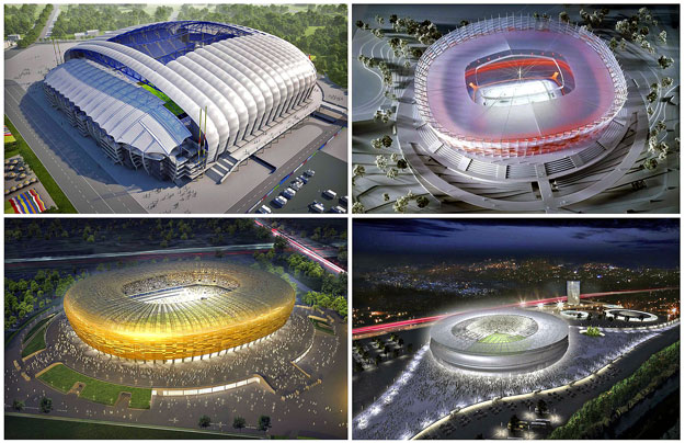 Komputergrafikán a négy lengyel stadion: fenn (balról) Poznan és Varsó, lenn Gdansk és Wroclaw