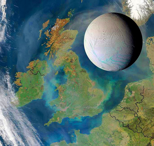 A jéggel borított Enceladus mérete Nagy-Britanniáéhoz hasonlítva - fantáziakép
