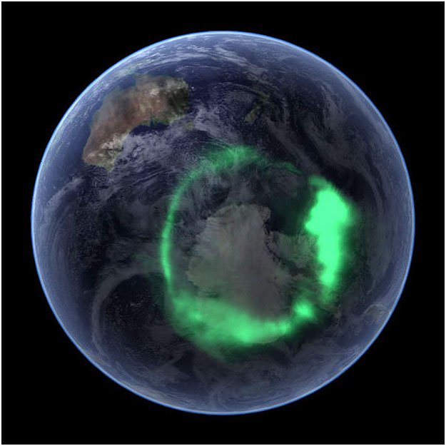 A déli sarkkör mentén kialakuló sarki fény a világűrből a NASA IMAGE műholdjának felvételén