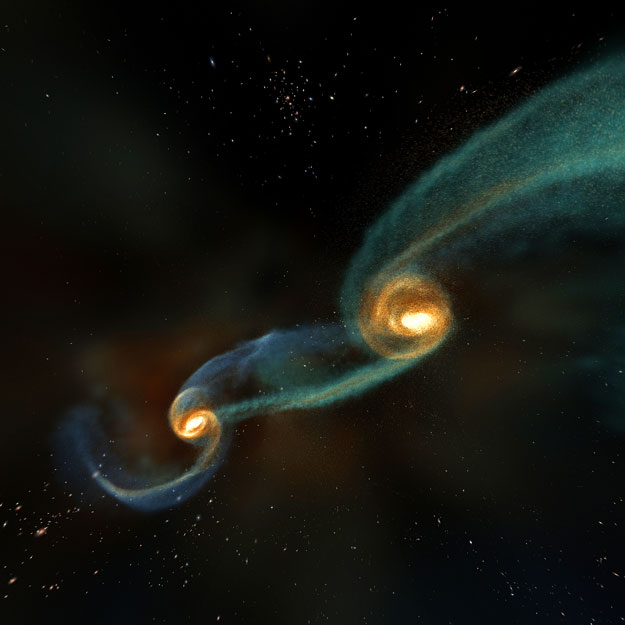 Ütköző fekete lyukak a LIGO célkeresztjében (fantáziakép)