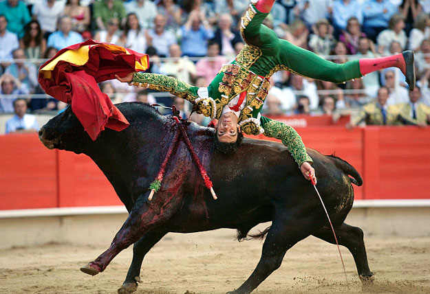 Spanish bullfighter Jose Tomas is tossed by a bull during a bullfight at Monumental bullring in Barcelona, July 5, 2009. REUTERS/Carlos Cazalis (SPAIN ANIMALS SOCIETY IMAGES OF THE DAY)