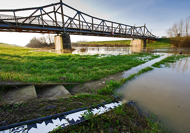 Az áradó Fehér-Körös Gyula határában, a Sarkadra vezető híd lábánál