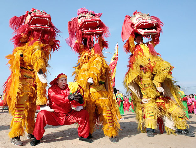 A lion dance troupe performs during a temple fair to celebrate upcoming Chinese New Year in Beijing February 12, 2010. The Chinese New Year begins on February 14th and according to the Lunar calendar will be the Year of the Tiger. REUTERS/Christina H