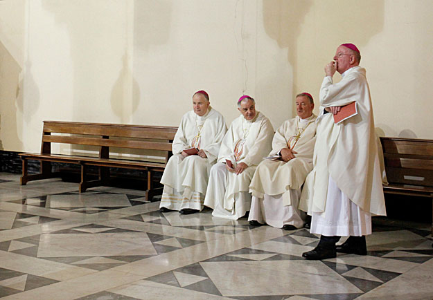 Irish Bishops wait for the beginning of a memory mass led by head of the Irish Bishops Conference Cardinal Sean Brady at St. Patrick's church in Rome February 14, 2010. Pope Benedict and Irish bishops are set to meet on Monday and Tuesday in Rome to 