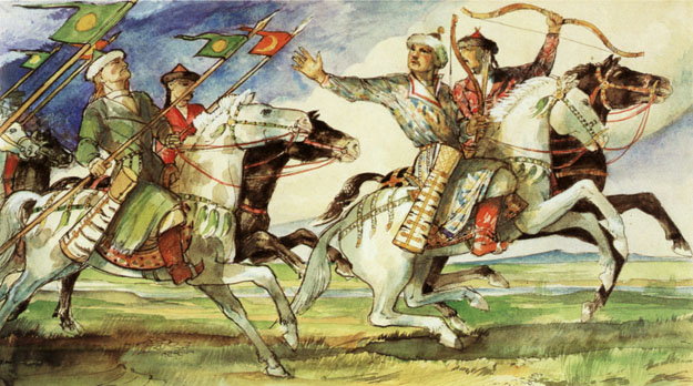 László Gyula akvarellje a honfoglaló lovasokat mutatja