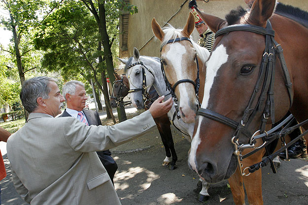 Sipos Gyula (elöl) rendőrségi lovakat ad át a polgárőrségnek 2007-ben