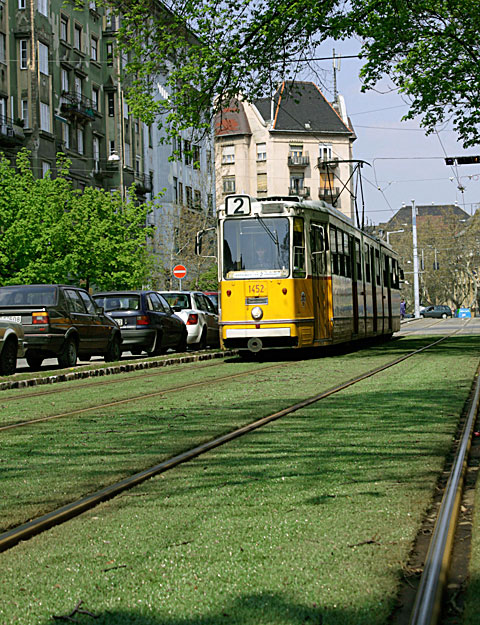 Budapest, 2010. április 20.
Műfüves pályán haladhat a 21-es villamos a Mester utca néhány méterén, miután a BKV vezetősége beadta a derekát, és megvalósította a több országban divatos és a Városi és Elővárosi Közlekedési Egyesület által is támogatot