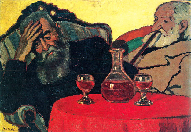 Apám és Piacsek vörösbor mellett. 1907. Lemezpapír, olaj, 68x100 cm