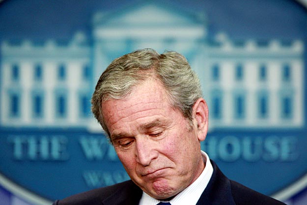 U.S. President George W. Bush is pictured during his final news conference in the Brady press briefing room at the White House in Washington, January 12, 2009.