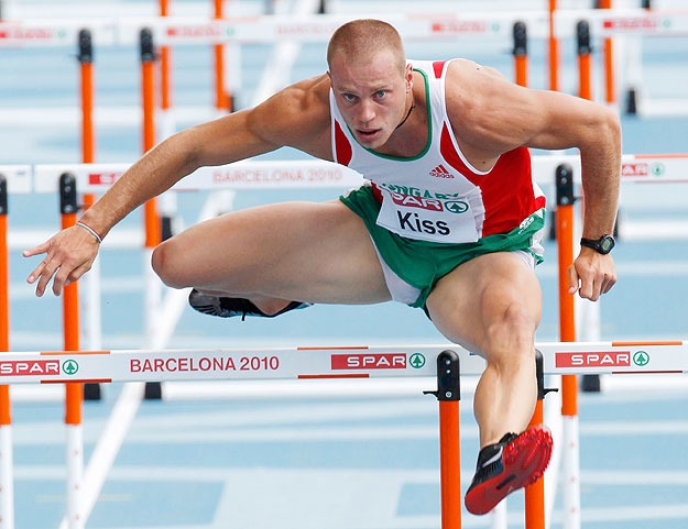 Hungary's Daniel Kiss clears a hurdle during the men's 110 metres hurdle heats at the European Athletics Championships in Barcelona July 29, 2010.   