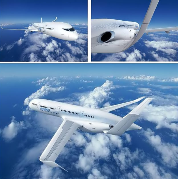 Az Airbus 2030-ra álmodott gépe. A hajtóműveket beépítenék a törzsbe, a szárnyak végén lévő fülek ugyanúgy felfelé görbülnek, ahogy az U alakú farokrész két vége