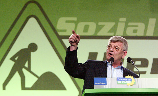  German Foreign Minster Joschka Fischer gives a speech at the Green Party convention in Cottbus June 14, 2003. Germany's Greens met this weekend in the eastern German town of Cottbus to discuss the social welfare reform plans in the ruling governmen