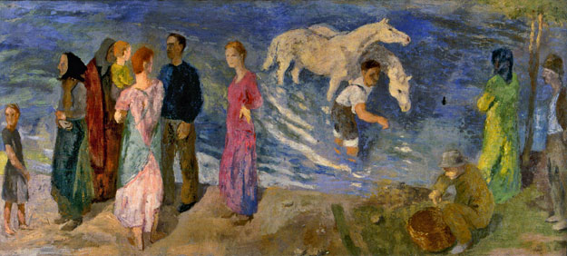 Ácsorgók a vízparton. 1937. Vászon, tempera, 90 x 200 cm