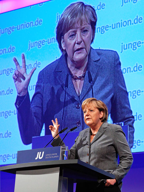 Angela Merkel a Junge Union kongresszusán. Sokan hiányolják belőle a konzervatív profilt