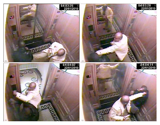 A gyilkos és áldozata a szállodai lift biztonsági kamerái képén