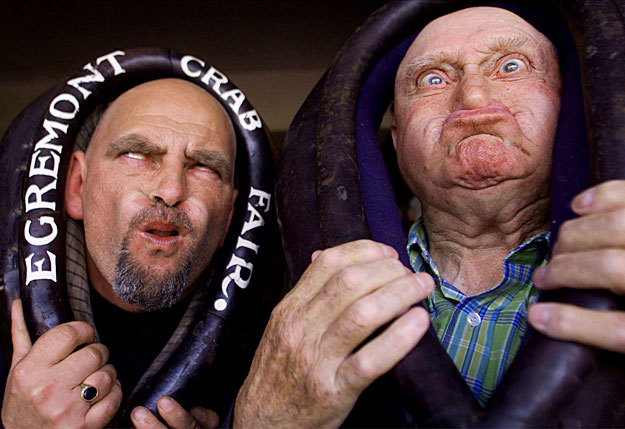 Gurning World Champion in 1996-97, Peter Jackman (L) and former Champion in 1995 Albert Henson practice  for the Gurning World Championship at Egremont Crab Fair September 18, when around 25 of the world's top gurners will vie for this years title. C