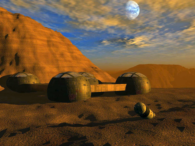 Marsi űrbázis fantáziaképe, előtérben a leszállóegységgel – Öngyilkos hajótörés az új élet reményében
