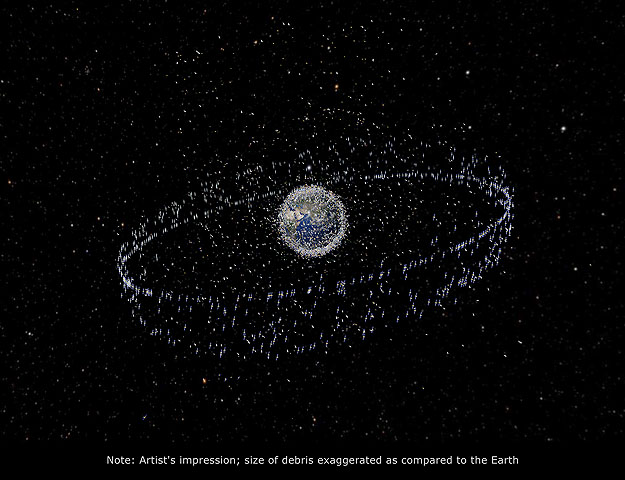 Űrszemétté váló műholdak a Föld körül (a képen jól látható a geostacionárius pálya közelében kialakult „űrszemétgyűrű”)