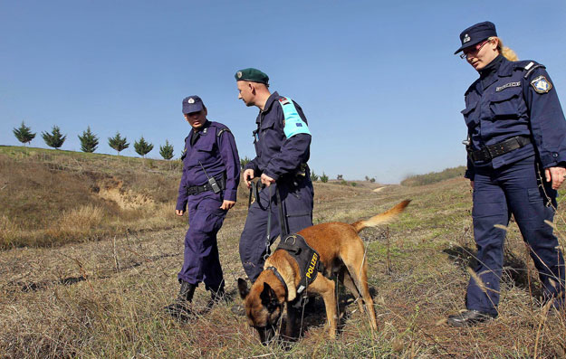 Greek border policemen, a patrol dog and an officer of Frontex border agency patrol across border line with Turkey near Orestiada town,in northern Greece, in this November 11, 2010 file photo. Greece plans a 12.5 km fence at its border with Turkey to