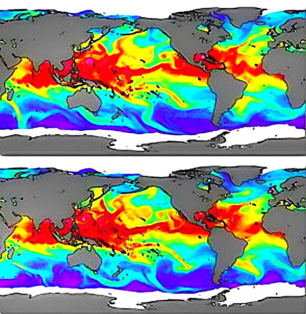 Az óceánok feletti légköri vízpára mennyiségének becslése a műholdas SSMI segítségével (2005. augusztus 28. és 29-i felvétel, felső és alsó kép). A magas nedvességtartalom vörössel és fehérrel van jelezve. A legnagyobb páratartalom-értékek a csendes-