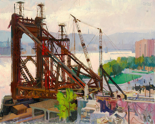 Mácsai István festményén az Erzsébet híd építése
