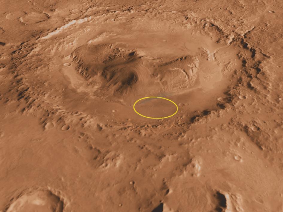 A Gale kráter közepén látható homokbucka egykor egy tó lehetett (a sárga kör a Curiosity leszállóhelyét jelöli)