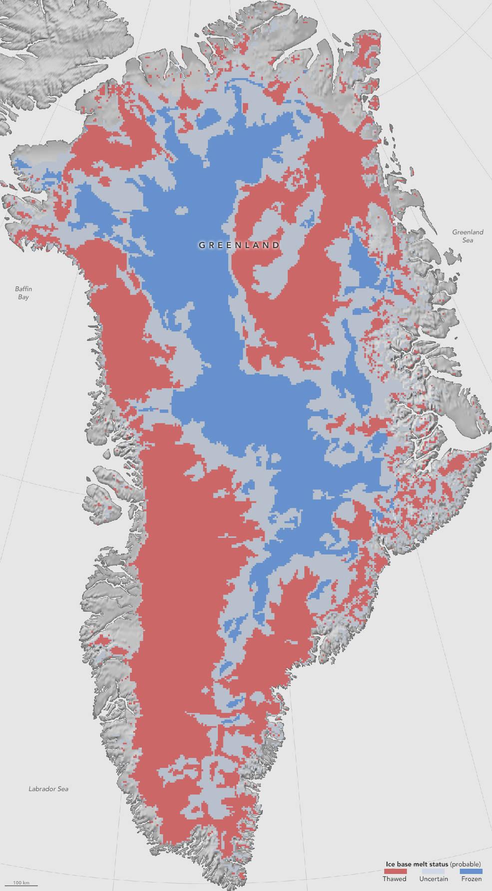 A NASA legújabb radarképe a grönlandi jégtakaróról. Pirossal jelölték az olvadó, kékkel a fagyott és szürkével a felderítetlen területeket