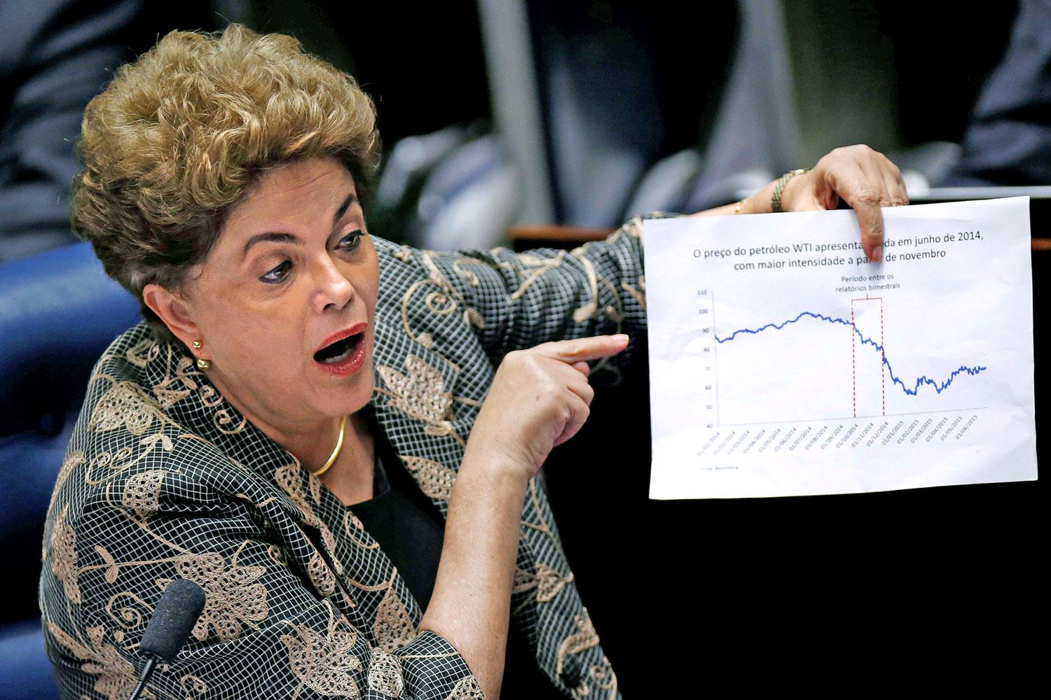 Dilma Rousseff a szenátus előtt. Az egykori gerilla fegyver helyett most grafikonnal küzd igazáért